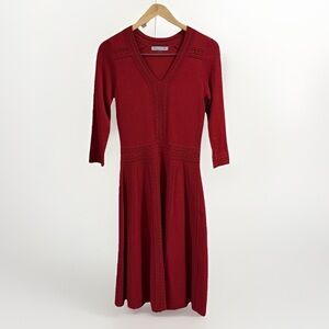 Danny and Nicole Red Sweater Dress Vneck 3/4 Sleeve Midi Knit Size Small